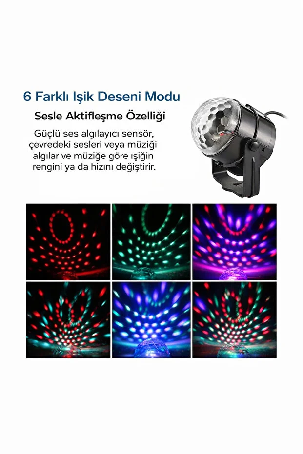Sesle Aktifleşen Renkli Disko Işığı – USB Bağlantılı, 6 Farklı Işık Modlu Party Lambası